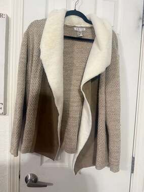 ABITO Women's Beige Knit & Faux Suede Cardigan Faux Fur Collar Size XL